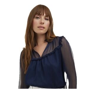 Draper James Top Woman 2XL Blue Gretchen Long Sleeve Sheer‎ Top Half Blouse